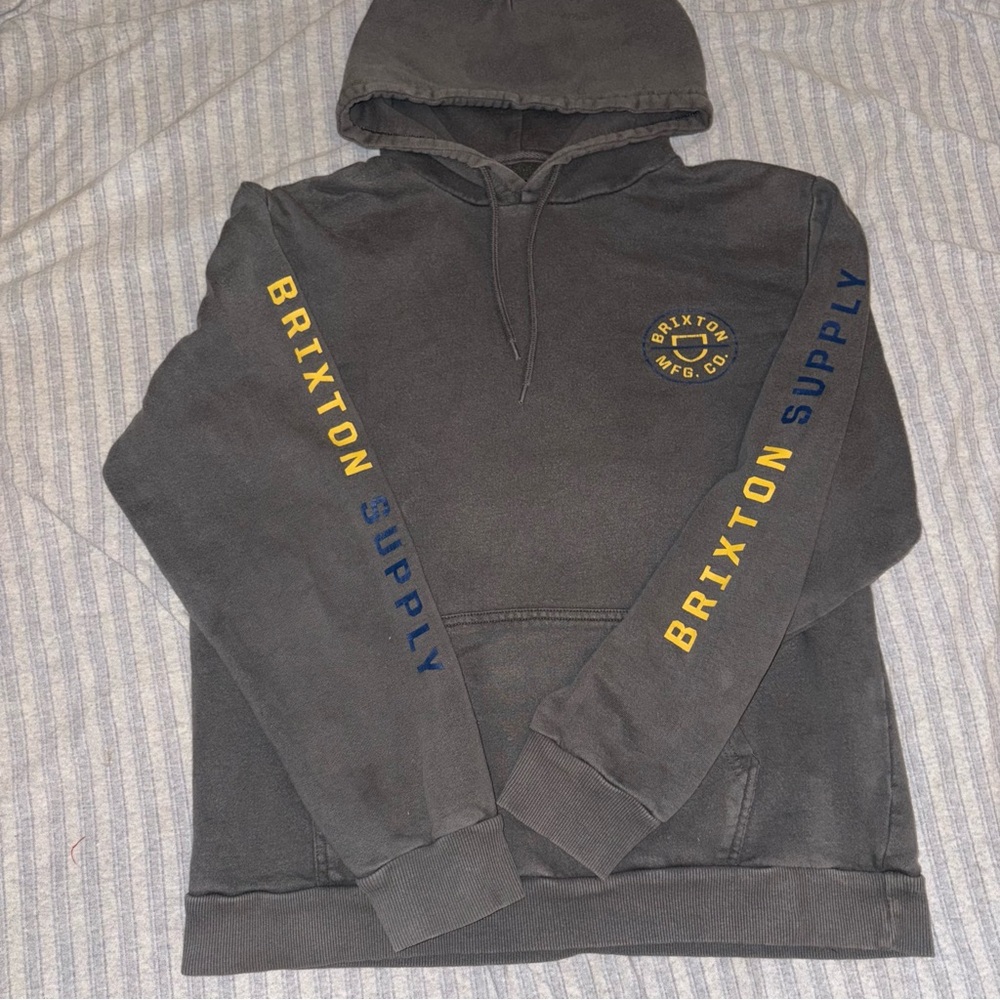 Brixton Men's Charcoal Hoodie with Yellow and Blue Accents